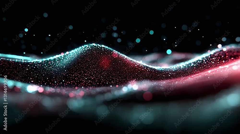 Poster glowing particles form dynamic waves in turquoise blue and red colors against dark background, creat