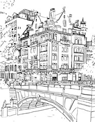 Obraz premium netherlands, coloring page, architecture, building, sketch, drawing, city, vector, church, street, illustration, town, old, art, europe, house, cathedral, castle, travel, urban, vintage, cityscape, l