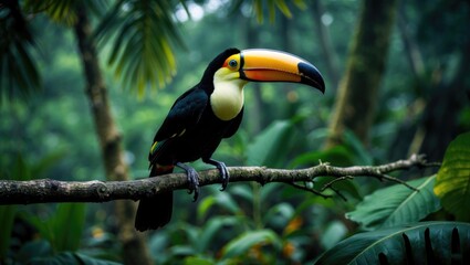 Obraz premium Keel-billed Toucan, a bird with a large bill, perched on a branch in a forest with green vegetation. Nature travel.