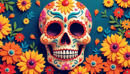 Obraz premium Colorful Mexican Sugar Skull surrounded by marigolds, festive celebration