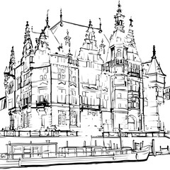 Obraz premium netherlands, coloring page, architecture, building, sketch, drawing, city, vector, church, street, illustration, town, old, art, europe, house, cathedral, castle, travel, urban, vintage, cityscape, l