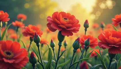 Fototapeta premium Vibrant red carnations blooming in serene garden, natural beauty