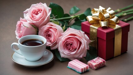 Flowers, a cup of coffee, and sweets.