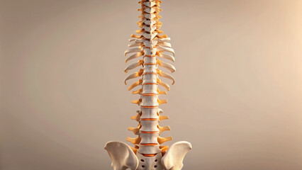 detailed 3D anatomical model of human spine, showcasing vertebrae and pelvis. This educational representation highlights structure and function of spinal column