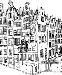 Obraz premium netherlands, coloring page, architecture, building, sketch, drawing, city, vector, church, street, illustration, town, old, art, europe, house, cathedral, castle, travel, urban, vintage, cityscape, l