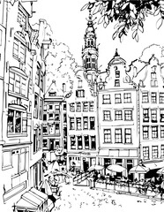 netherlands, coloring page, architecture, building, sketch, drawing, city, vector, church, street, illustration, town, old, art, europe, house, cathedral, castle, travel, urban, vintage, cityscape,  l