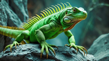 Large green iguana with extended claws resting on a gray rock.