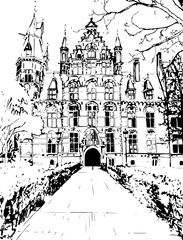 Obraz premium netherlands, coloring page, architecture, building, sketch, drawing, city, vector, church, street, illustration, town, old, art, europe, house, cathedral, castle, travel, urban, vintage, cityscape, l