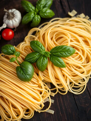 Rustic Italian pasta arrangement with fresh basil, garlic, and onions on a dark wood surface, evoking traditional culinary artistry and gastronomic excellence.