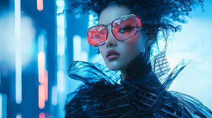 cyberpunk, futuristic fashion, high-tech glasses, neon lights, sci-fi style, cyber aesthetic, digital future, virtual reality, augmented reality, cyber technology, fashion innovation, AI inspired, neo
