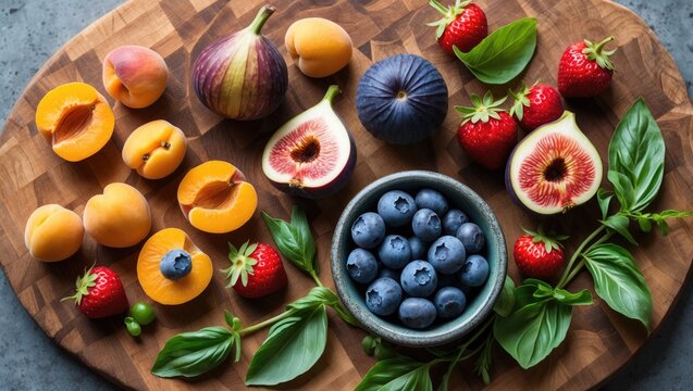 Fresh fruits and vegetables displayed on a cutting board and countertop.