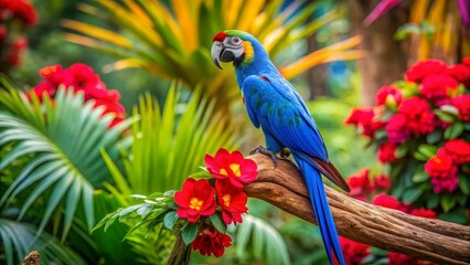 Vibrant Blue Macaw Perched on a Branch Amidst Lush Tropical Foliage and Red Blossoms