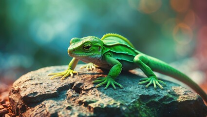 Fototapeta premium Juvenile green lizard resting on a rock; a species of lizard in the family captured in a stunning macro photograph.