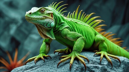 Fototapeta premium Large green iguana with extended claws resting on a gray rock.
