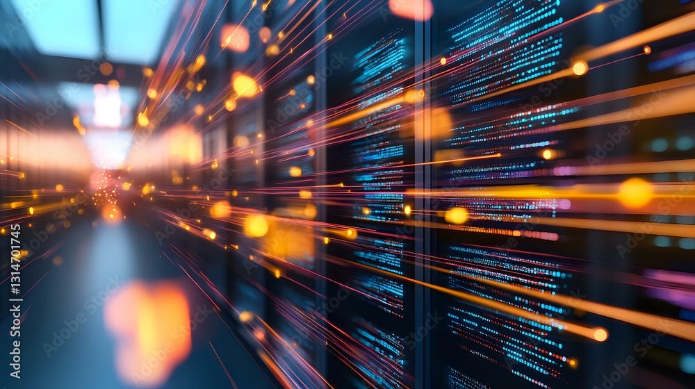 Poster dynamic programming code on digital screens with glowing orange light trails and motion blur effect 