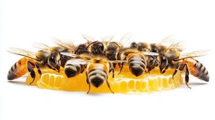 Honeybees clustering on honeycomb a sweet and golden scene of nature's bounty in a bright and clean studio shot