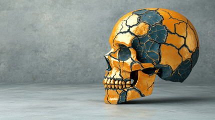 Skull and gems, A cursed skull adorned in cracked gold with intricate details, captured in high fidelity for artistic use.