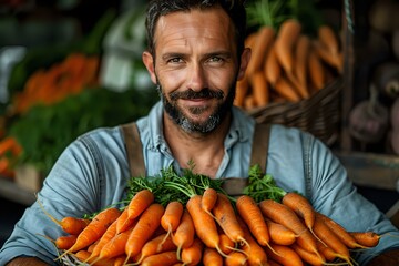 Caucasian male farmer in denim overalls displaying fresh organic carrots with green tops at local market, genuine smile and beard, natural lighting.