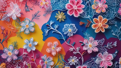 Doodle line floral pattern on a colorful backdrop featuring a charming theme of lacy blossoms. Allover print block on modern fabric with decorative textile swatches for dresses, scarves, and shirts.