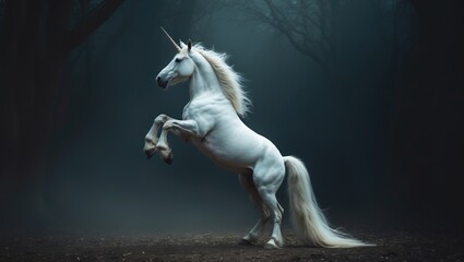 White unicorn standing on its hind legs. Fairytale creature.