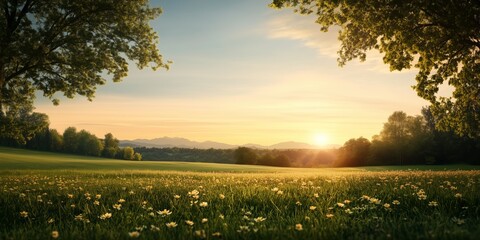 Obraz premium Enchanting spring sunrise illuminating a tranquil meadow with blooming flowers and distant mountains