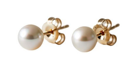 Pair of pearl earrings with gold setting on transparent background