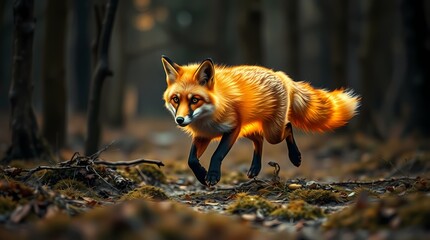 Fototapeta premium Fox in the Forest: A striking, vividly colored fox is captured mid-stride, its form a blur of motion against the rich backdrop of a dense forest, showcasing the wild beauty.