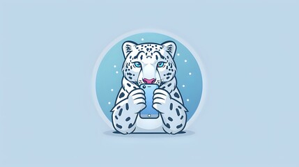 Cute snow leopard holding wine glass with playful expression against blue circular background, cartoon style illustration for social media and greeting cards.