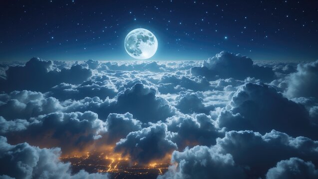 Flying over the dark night clouds illuminated by moonlight. Smoothly looped animation. Traveling through a shifting cloudscape above lights. Ideal for cinema, background, digital composition.