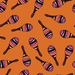 Seamless pattern with Cuban or Mexican maracas. Musical instrument. Wild West, Mexico concept. Vector drawing background for textile, wallpaper, packaging, fabric.