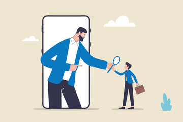 KYC, Know your customer process to identify user in online banking, cryptocurrency trading or cyber transaction concept, businessman using magnifying glass to analyze, identify user on smartphone app.