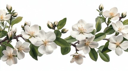 Fototapeta premium Delicate apple blossom branch with fresh green leaves against a clean white background showcasing spring bloom and floral elegance for stock photography