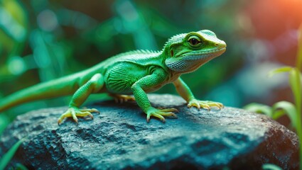 Obraz premium Juvenile green lizard resting on a rock; a lizard species in the family captured in a stunning macro photograph.