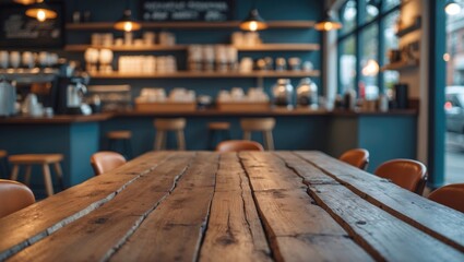 Top view of an empty wooden table with a blurred interior and decoration of a coffee shop. Suitable for a mock-up template for displaying your craft design.
