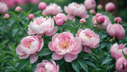 Obraz premium Peony. Closeup photo of pink flower. Large pink flower in summer garden. Summer nature. Blooming. Blossoming, blooming. Macro photo of flower. Wallpaper featuring pink spring flowers.