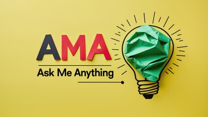AMA ask me anything symbol. Concept words on a vibrant yellow background accompanied by a green light bulb icon. Business and concept. Space for text.