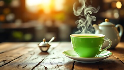 Enjoying Hot Green Tea on Wooden Table with Gentle Sunlight