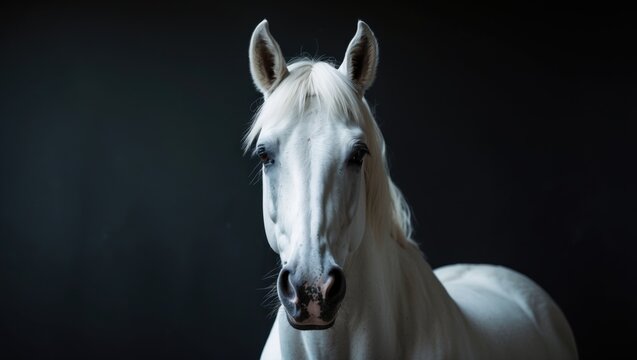 Portrait of a white horse against a black background. Captured in the studio.