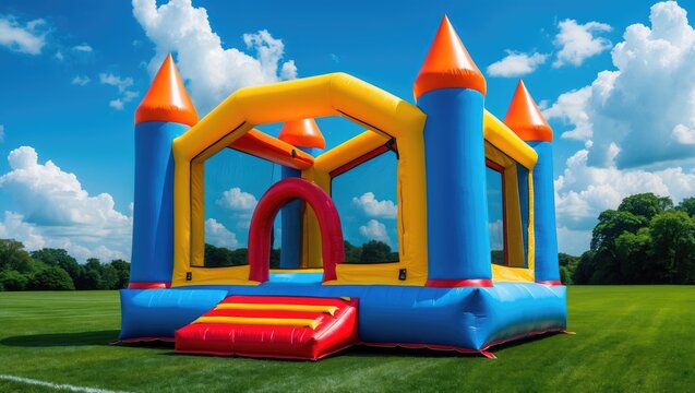 Inflatable bounce castle located in a spacious open yard.