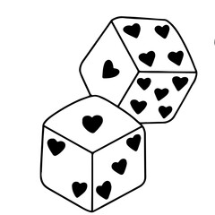 Two playing dice with black hearts instead of traditional dots, symbolizing love, chance, and the unpredictability of life.


