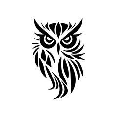 Black-and-white tattoo-style owl silhouette with large eyes and abstract feather patterns, symbolizing wisdom, mystery, and the night.

