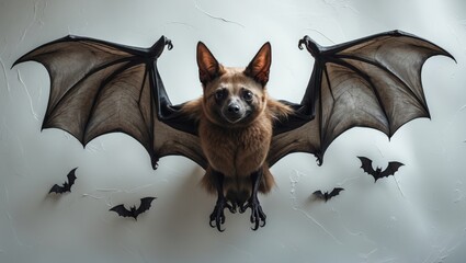 Halloween pencil drawing of a realistically illustrated bat against a white background, wild mammal night terror character, a frightening animal with wings.