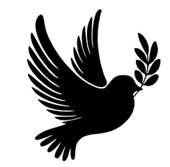 Silhouette of a dove holding an olive branch in its beak, symbolizing peace and harmony, with outstretched wings.

