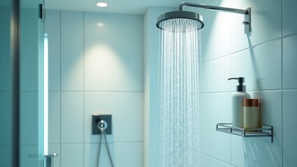 Jets of clear water streaming in the shower cabin. Selective focus.