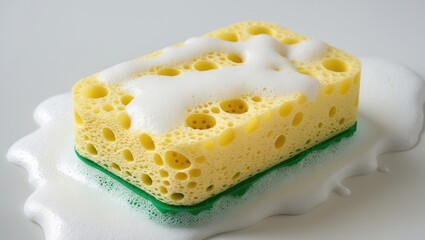 Cleaning sponge in yellow soap foam on isolated white background