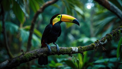 Obraz premium Keel-billed Toucan, a bird with a large bill, perched on a branch in the forest surrounded by green vegetation. Nature travel.