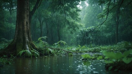 Obraz premium When it rains in the green forest, rainwater interacts with forest elements, such as the tree canopy, branches, and vegetation. The canopy protects the forest floor, reducing the force of falling r...