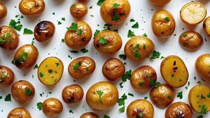 Obraz premium Roasted baby potatoes against a white backdrop.