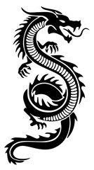 Black silhouette of a Chinese dragon with a long, twisting body, sharp spines, and an open mouth with a tongue sticking out, symbolizing strength, power, and the Chinese New Year dragon festival.

