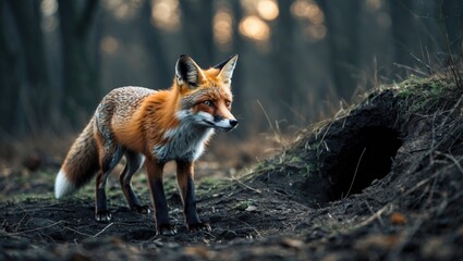 Young fox standing close to the hole.